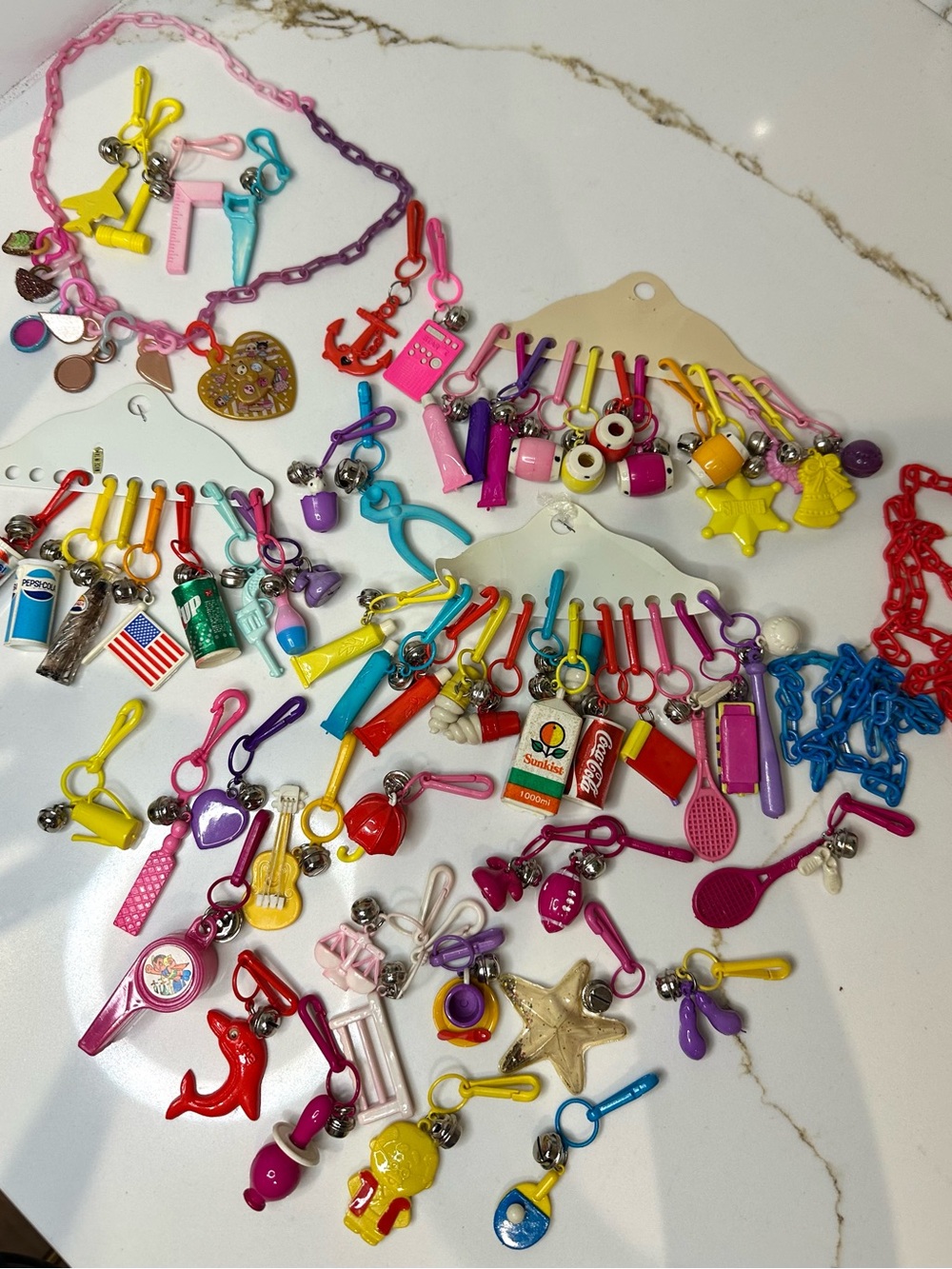 Vintage 1980's Plastic Bell Charm Lot 3 Necklace With 70 Rare Charms